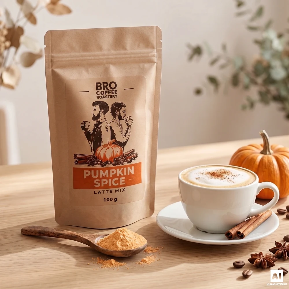 Mezcla para latte de calabaza y especias de Bro Coffee Roastery, una cuchara de madera con polvo de calabaza y una taza de latte espolvoreada con canela.