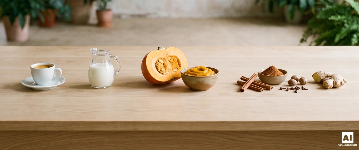Ingredientes para preparar un café de calabaza sobre una mesa de madera: café expreso, leche, calabaza, puré de calabaza, canela, nuez moscada, clavo y jengibre.