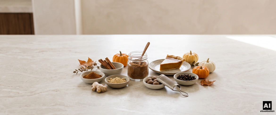 Mezcla casera de especias para tarta de calabaza en un tarro, con canela, jengibre, nuez moscada y clavo, y una porción de tarta de calabaza al lado.