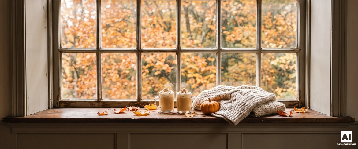Dos tazas de café de calabaza con nata montada en el alféizar de una ventana, junto a una calabaza pequeña y un jersey de lana, con árboles otoñales al otro lado de la ventana.