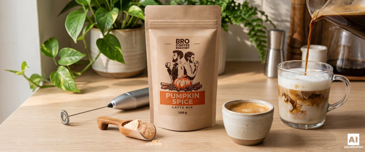 Mezcla para latte de calabaza y especias de Bro Coffee Roastery, un espumador de leche y un espresso que se vierte en un vaso con espuma de leche.