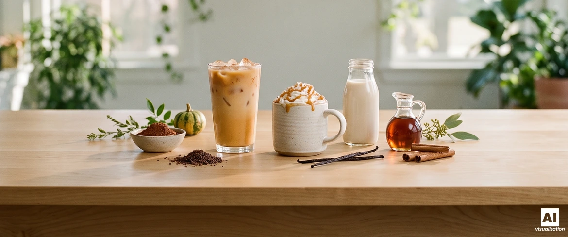 Café helado de calabaza con hielo y un latte caliente de calabaza con caramelo, junto a una bebida de origen vegetal, sirope de arce, cacao y vainilla.