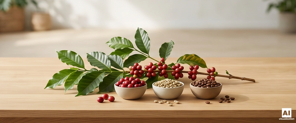 Una rama de café y unos cuencos pequeños con cerezas de café, café en verde y granos tostados sobre una mesa de madera.