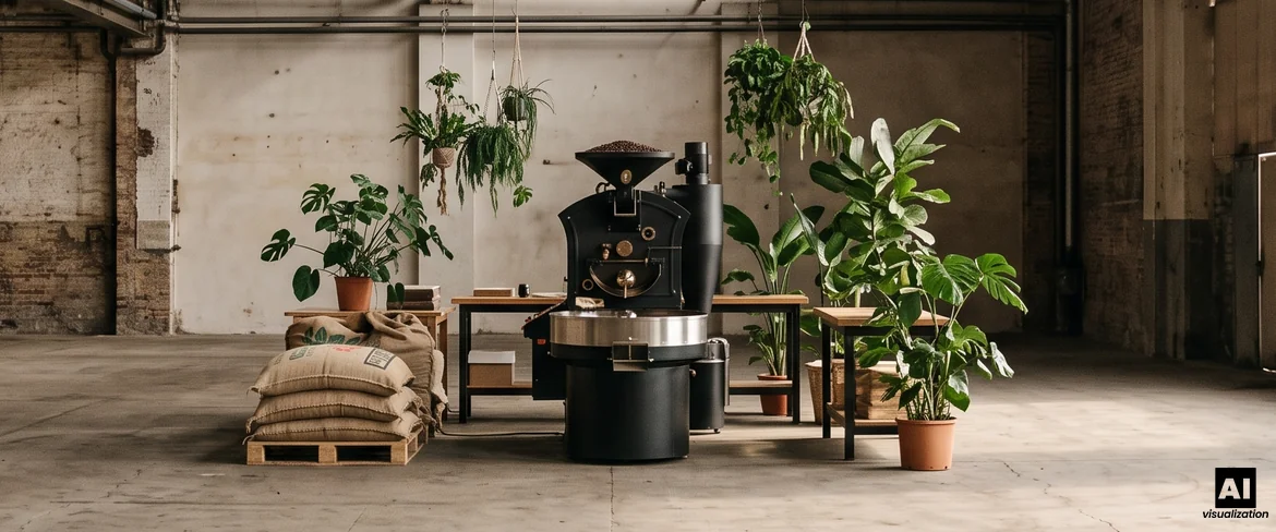 Una máquina de tueste de café con una bandeja de enfriamiento, sacos de café verde y plantas en una tostadora artesanal de café.