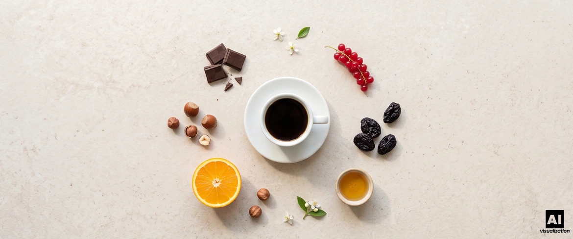 Una taza de café solo rodeada de chocolate, frutos secos, naranjas, pasas y miel, que ilustran las notas de sabor.