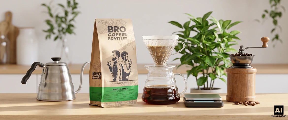 Café «Samba» de Bro Coffee Roastery (Brasil) junto a un filtro de goteo, una tetera, una balanza y un molinillo de café manual.