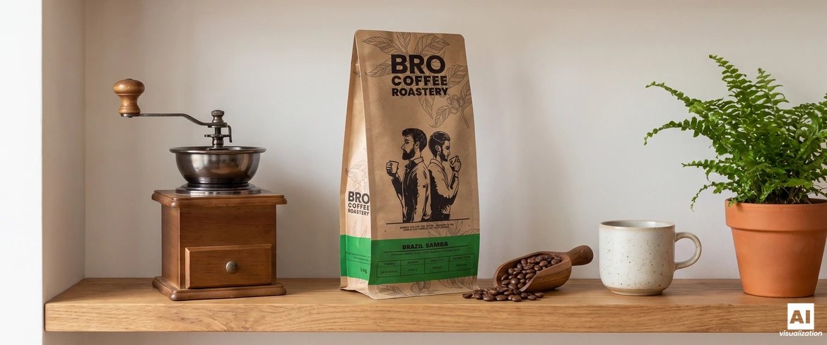 Una bolsa sellada de café «Brazil Samba» de Bro Coffee Roastery en una estantería, junto a un molinillo manual y una taza.