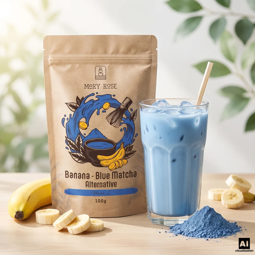 Mary Rose Blue Matcha Alternative: matcha azul con plátano y espirulina, junto a un café con leche helado azul y un plátano.