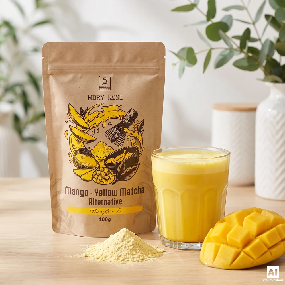 Mary Rose Yellow Matcha Alternative (matcha de mango): un envase, una bebida amarilla, polvo y mango cortado en dados.