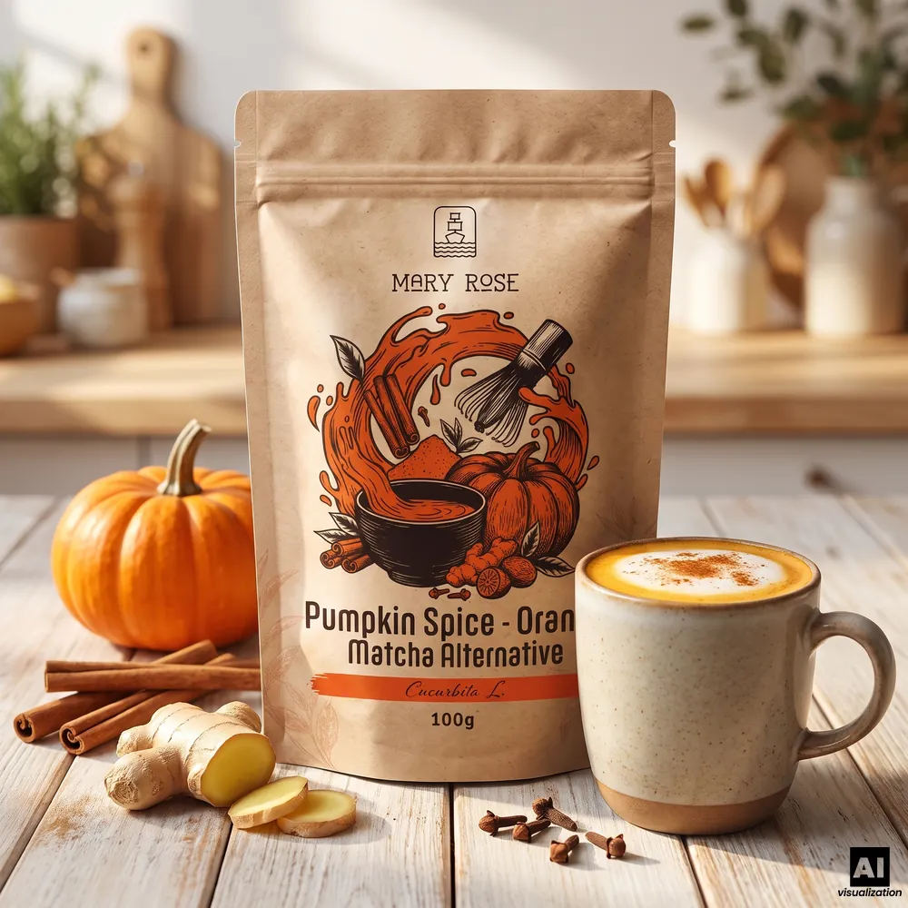 Matcha de naranja «Mary Rose» con sabor a calabaza y especias, junto a un café con leche con canela, una calabaza, ramas de canela, jengibre y clavo.