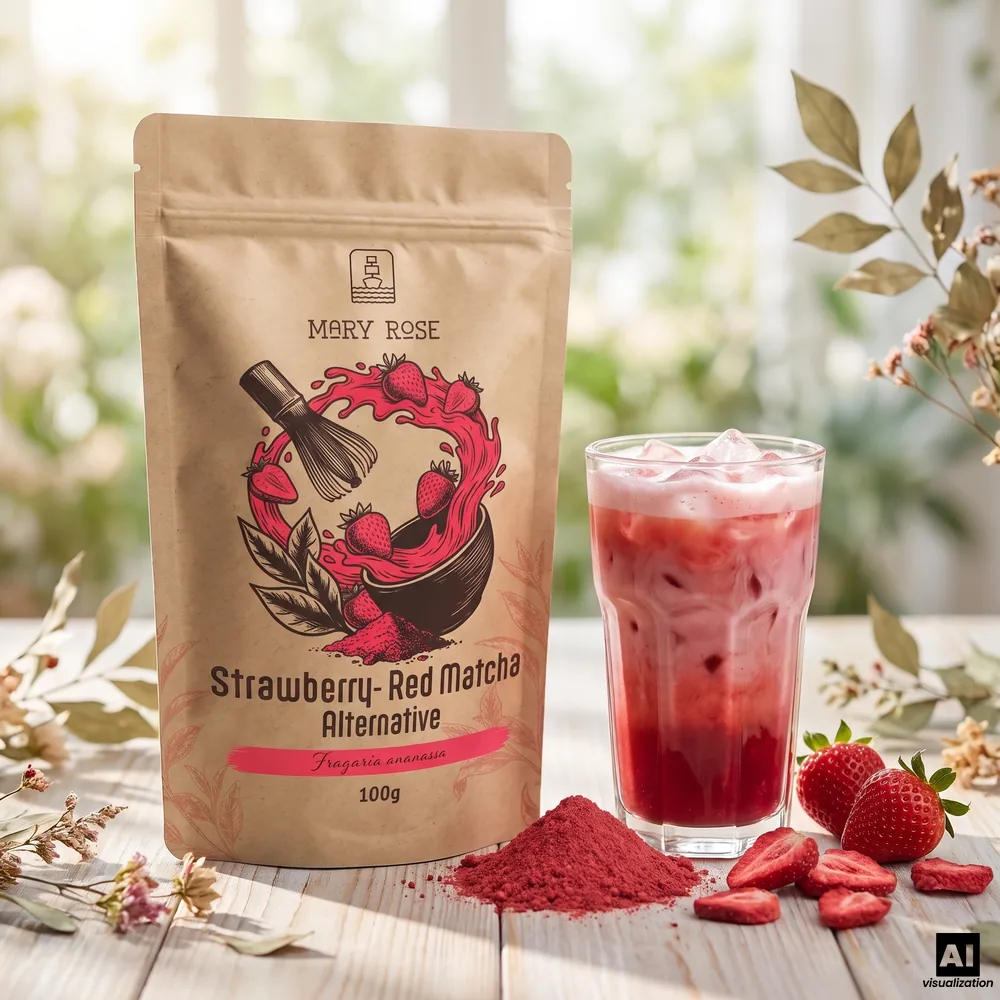 Matcha rojo «Mary Rose», elaborado con fresas liofilizadas, junto a un latte helado de fresa rojo, fresas en polvo y fresas frescas.