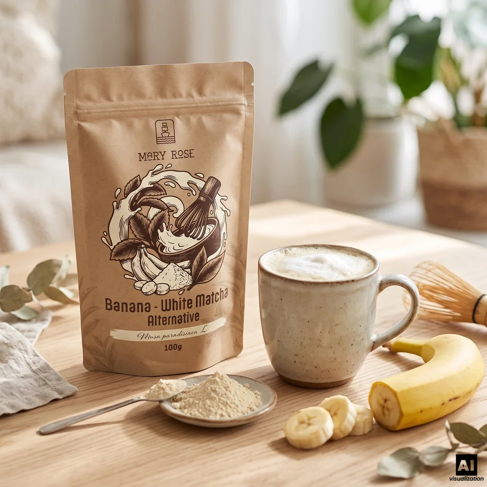 Matcha blanco Mary Rose: plátano liofilizado en polvo, junto a una taza de cremoso café con leche de plátano, un batidor chasen y un plátano.