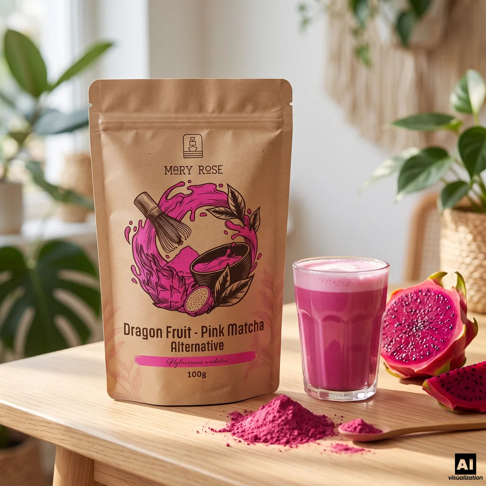Matcha rosa «Mary Rose», elaborado con pitaya liofilizada, junto a un latte rosa, polvo y una pitaya roja cortada por la mitad.