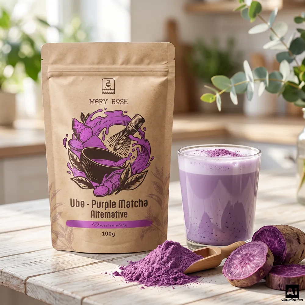 Matcha morado Mary Rose: ube en polvo, junto a un latte de ube morado, polvo sobre una cuchara de madera y rodajas de tubérculo morado.