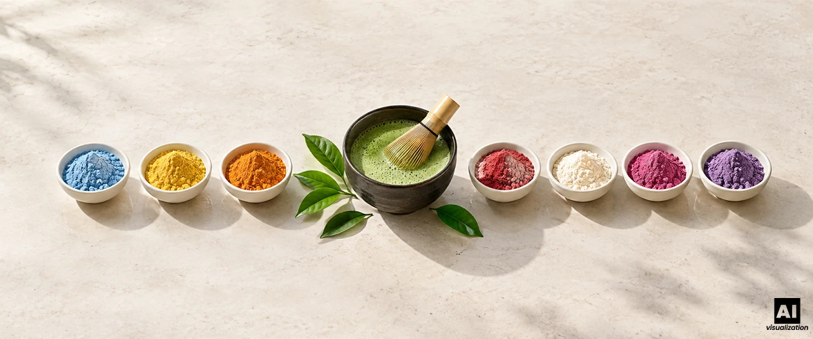 Matcha verde clásico en un cuenco con un batidor chasen, y junto a él, matcha de colores en siete cuencos pequeños con polvo.