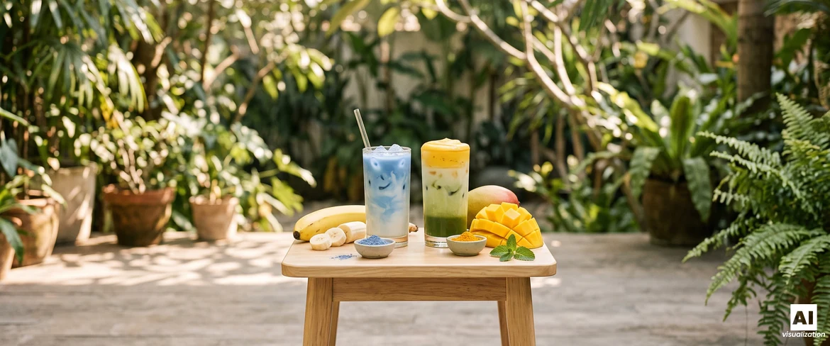 Matcha azul con plátano y un latte de matcha y mango en capas con espuma amarilla, junto a un plátano fresco y mango cortado en dados.
