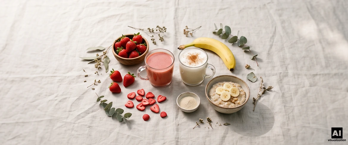 Matcha rojo en una taza, en forma de latte de fresa y latte de plátano con canela, junto a unas fresas, un plátano y gachas de avena.