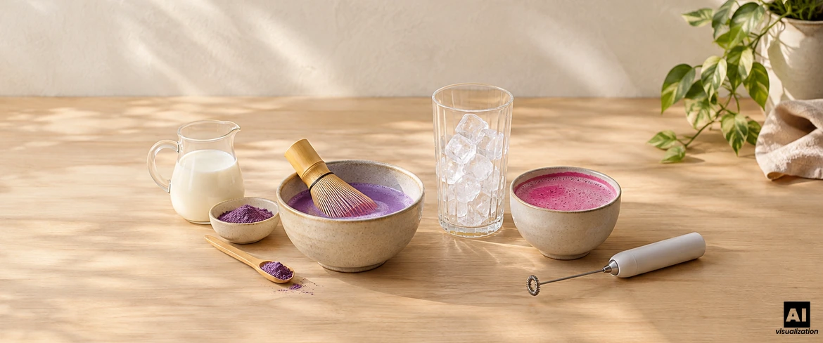 Preparación de un matcha de colores: ube morado en un cuenco con un batidor chasen, una bebida rosa, leche, hielo y un espumador eléctrico de leche.