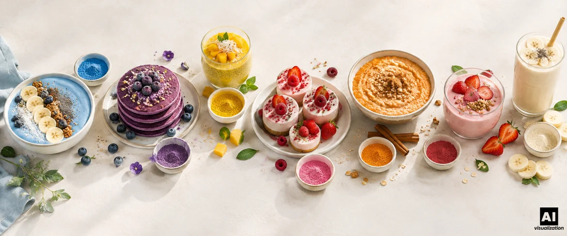Polvos de colores en la cocina: un bol de batido azul, tortitas de ube moradas, pudín de mango y minitartas de queso rosas.