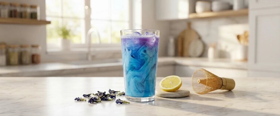 ¿Qué es el matcha azul y qué aspecto tiene? Matcha azul elaborado con clitoria ternatea servido con limón