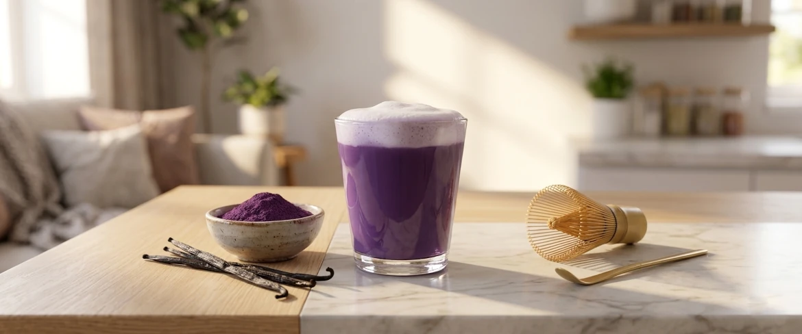 ¿Qué es el ube? Matcha morado preparado en un vaso con leche