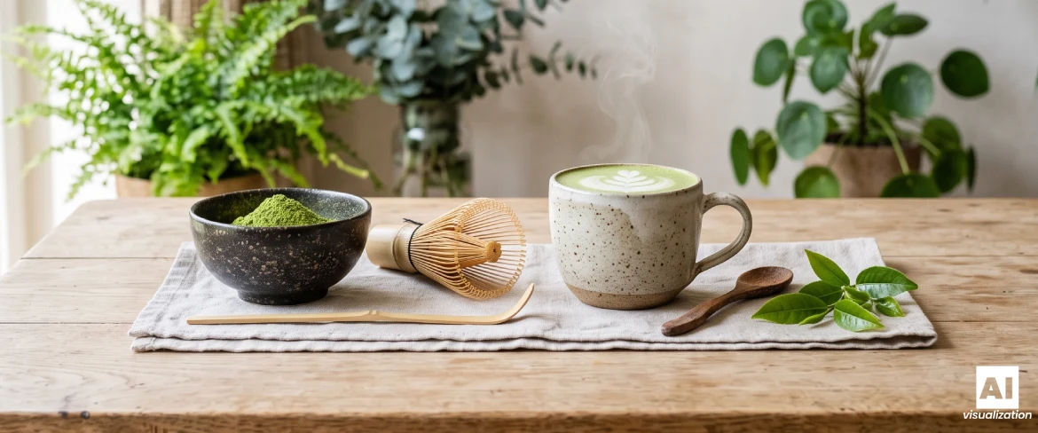 Un café con leche de matcha en una taza de cerámica, un cuenco con matcha en polvo y un batidor de bambú.