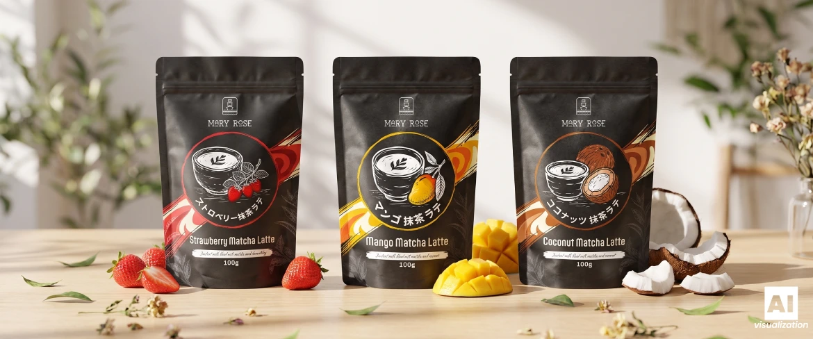 Paquetes de «Mary Rose Strawberry, Mango and Coconut Matcha Latte» sobre una mesa de madera.