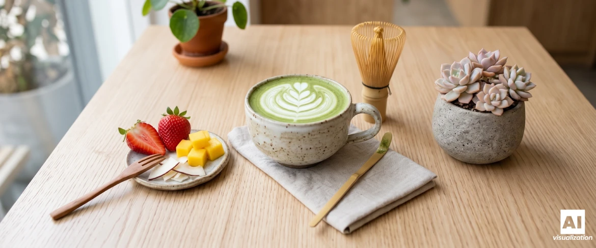 Un matcha latte con leche, un batidor de bambú y fresas, mango y coco sobre una mesa.