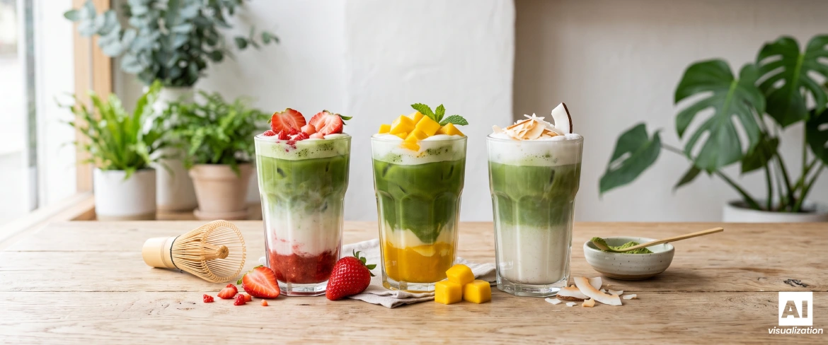 Cafés con leche de matcha de colores y en capas con fresa, mango y coco, servidos en vasos.