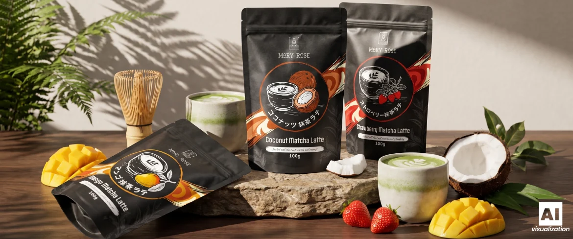Productos de matcha latte de Mary Rose en tres sabores, que incluyen una bebida, fruta y un batidor de bambú.