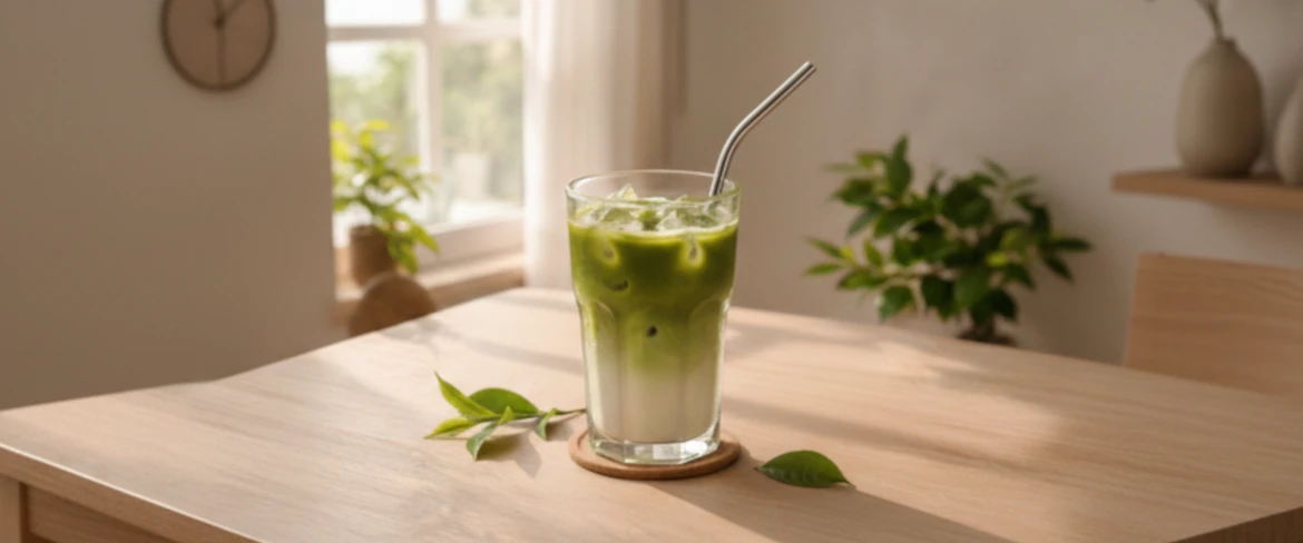 Cómo preparar un matcha latte frío: matcha helado con leche y cubitos de hielo