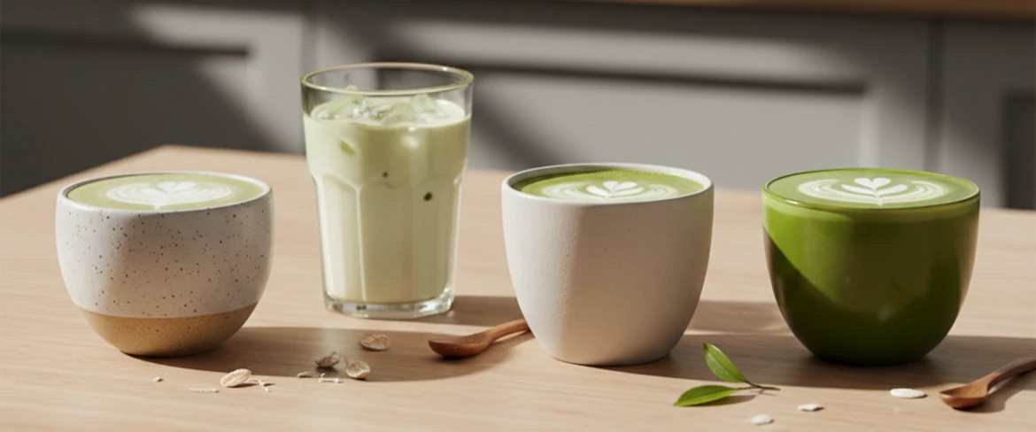 Matcha latte con diferentes tipos de leche: avena, coco y almendra