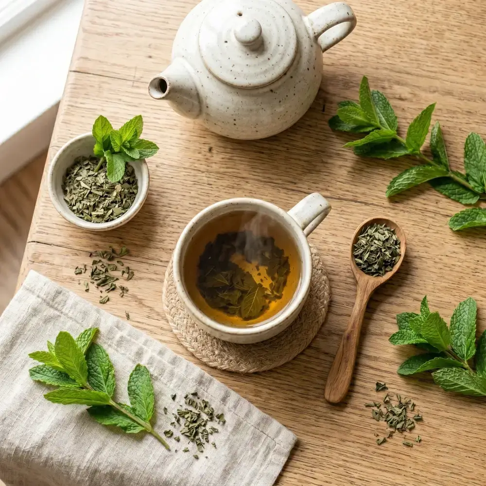 Vista desde arriba de un té de menta preparado y hierbas secas sobre una cuchara de madera