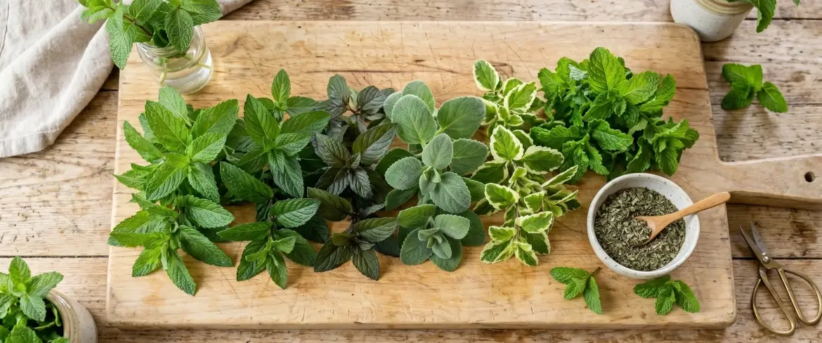 Una tabla de cortar de cocina con diferentes variedades de menta