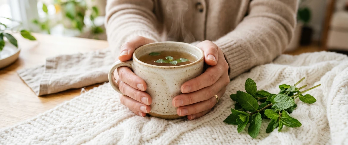 Una persona calentándose las manos con una infusión de menta caliente, lo que ilustra a la perfección los efectos relajantes del té de menta