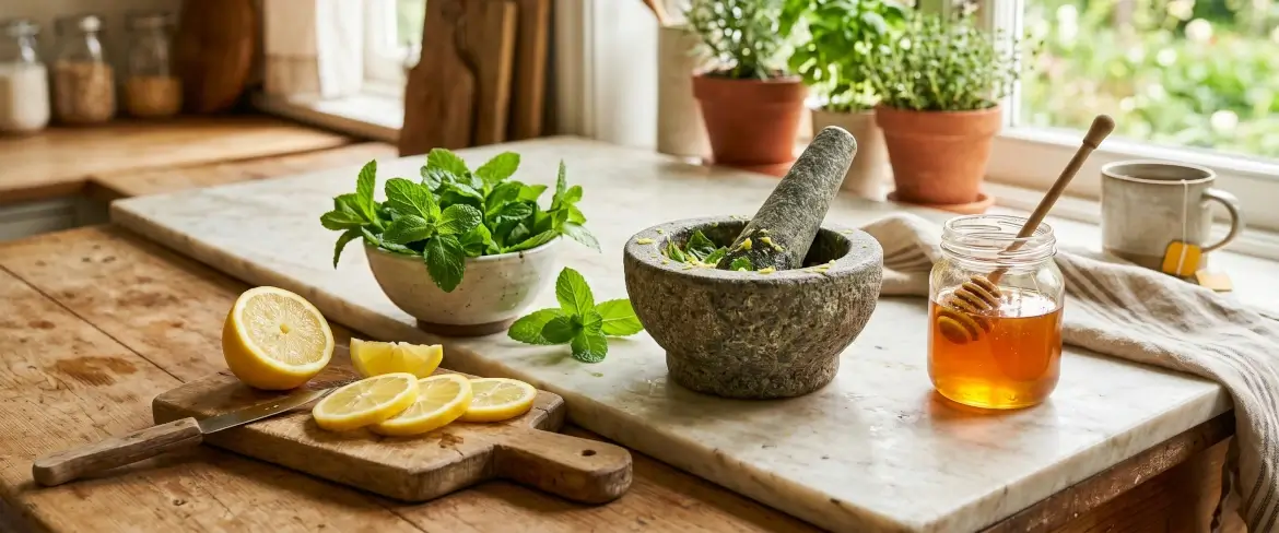 Menta fresca, limones y miel en una cocina, mostrando para qué sirve la menta en caso de infección