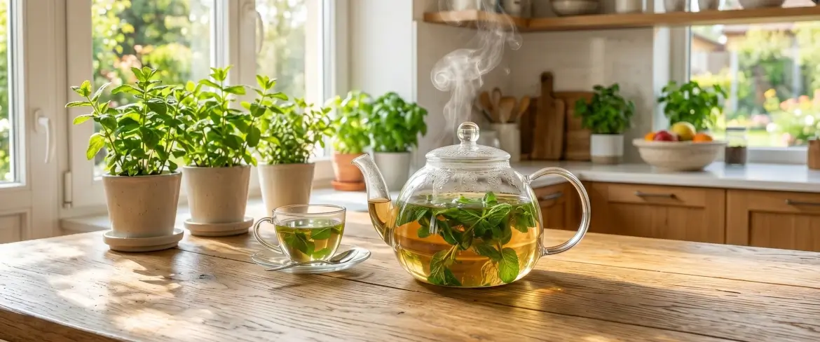 Menta verde fresca infusionándose en una tetera de cristal