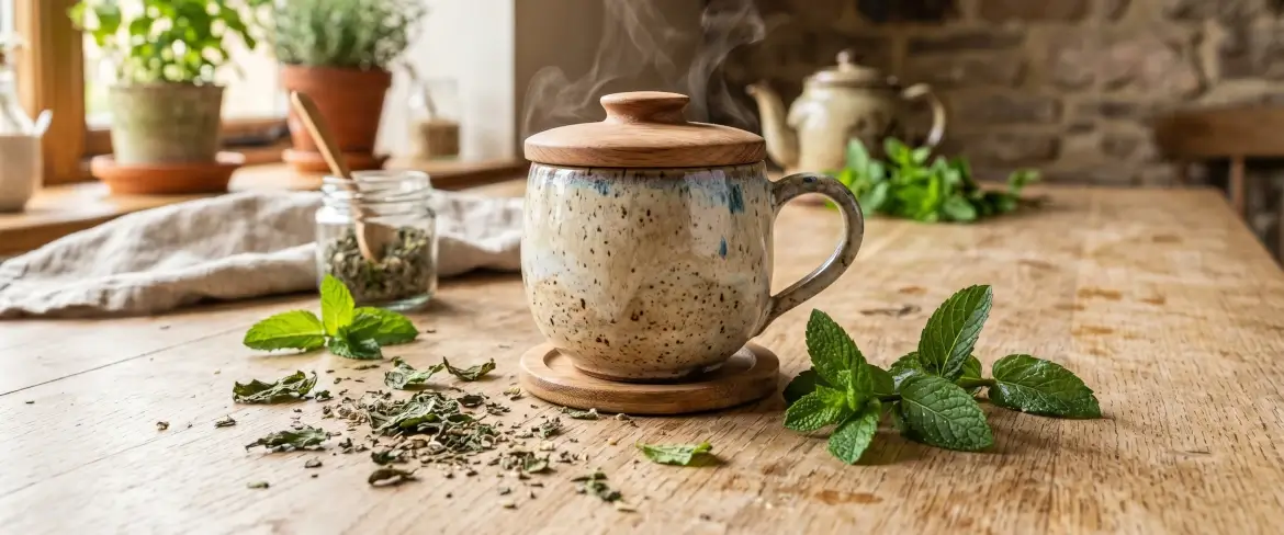 Infusión de menta que se está preparando a fuego lento bajo una tapa