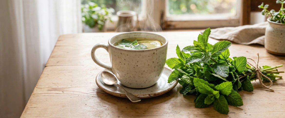 Una taza de infusión ligera de menta caliente con una rodaja de limón