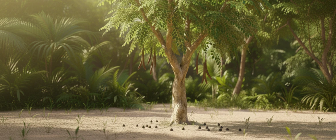 Hojas del árbol de moringa bajo el sol tropical: cultivo natural de moringa