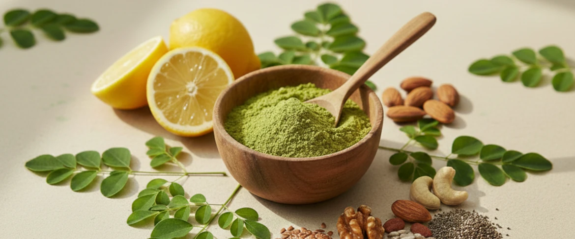 Polvo y hojas de moringa: ricos en nutrientes y antioxidantes.