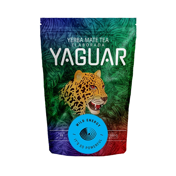 Yerba mate argentina fuerte «Yaguar Wild Energy» en envase tipo doypack.