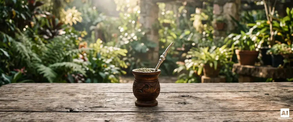 Calabaza de madera para mate con yerba mate fuerte y una bombilla sobre un fondo de follaje verde.
