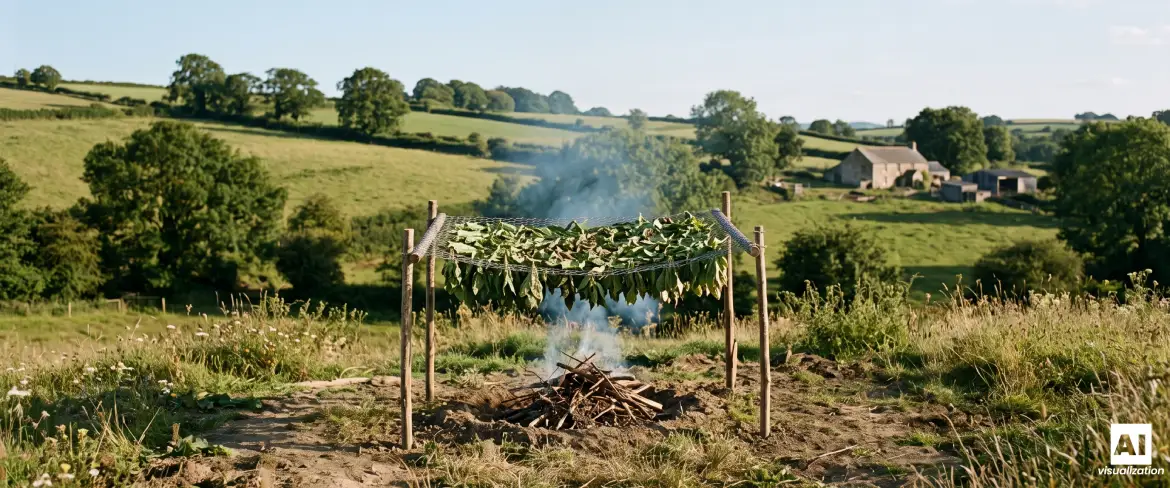 Secado de hojas de yerba mate al fuego mediante el método del barbacuá en el campo.