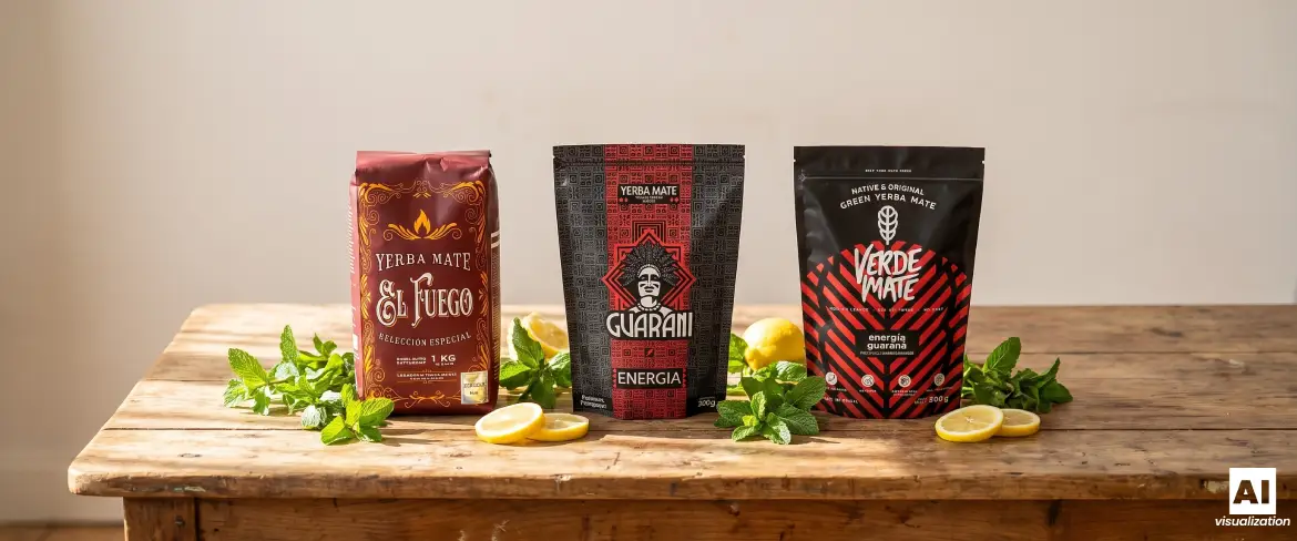 Tres variedades de yerba mate fuerte con guaraná y hojas secadas al humo sobre una mesa de madera.