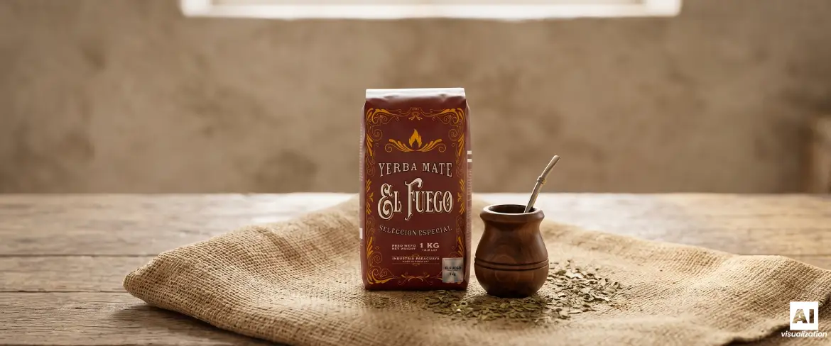 El Fuego Elaborada, 1 kg, y una calabaza de mate con yerba mate envuelta en una tela tradicional de yute.