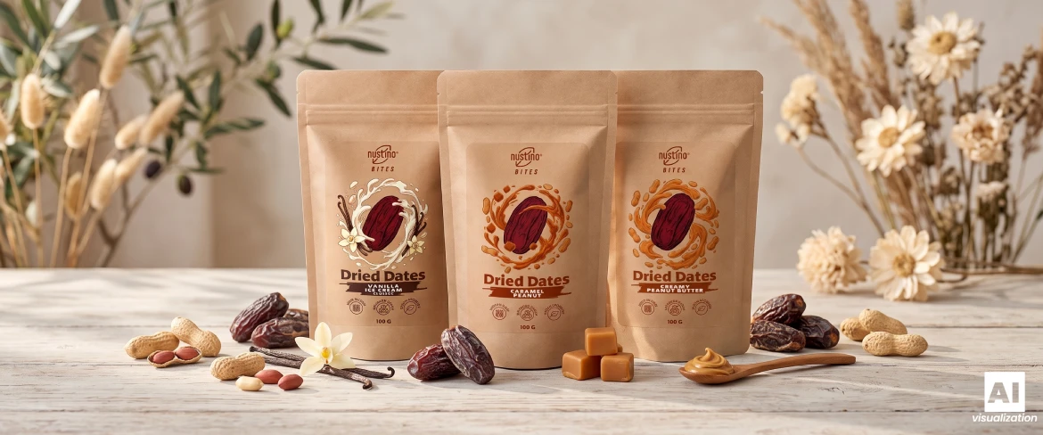 Tres envases tipo «doypack» de Nustino Bites con dátiles aromatizados, frutos secos y dátiles secos.