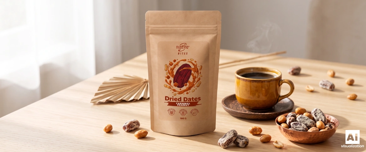 Un paquete flexible de Nustino Bites de cacahuete y caramelo junto a una taza de café y un aperitivo de frutos secos.