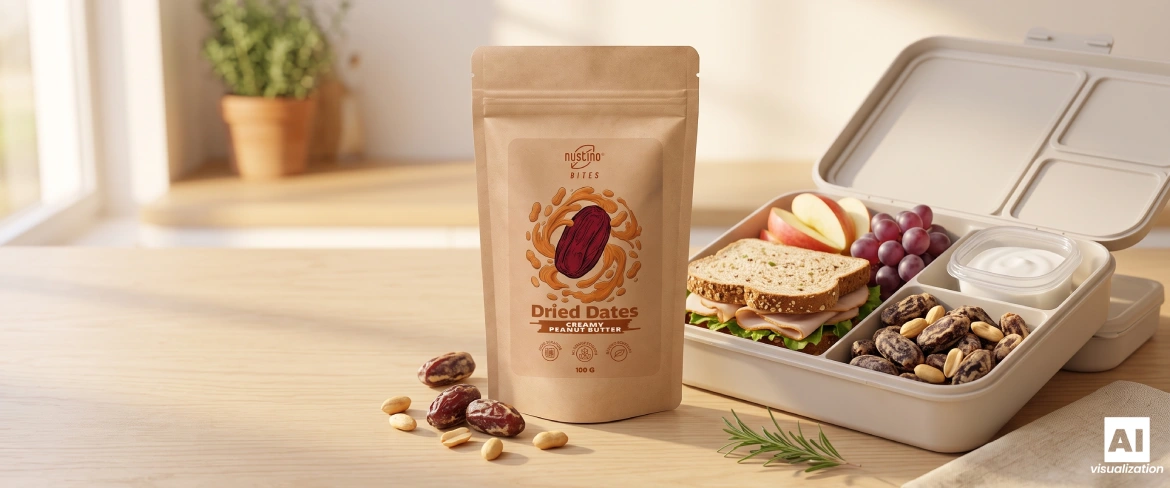Un envase tipo «doypack» de mantequilla de cacahuete cremosa «Nustino Bites» junto a una fiambrera, un bocadillo, uvas y frutos secos.