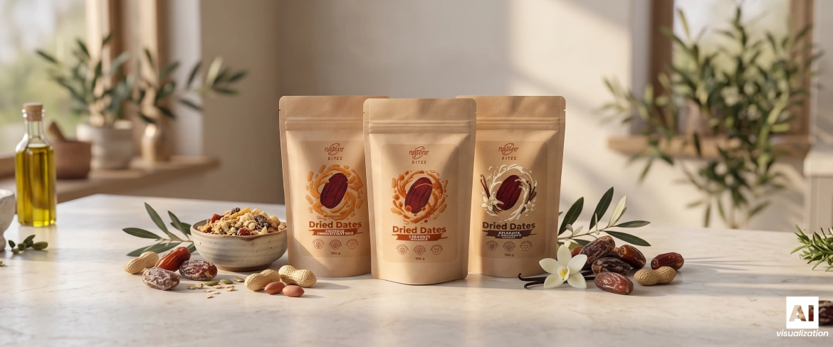 Tres envases tipo «doypack» de Nustino Bites entre dátiles, frutos secos y complementos de origen vegetal.